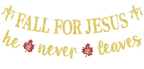 Banner mit Aufschrift "Fall for Jesus, He Never Leaves", Herbstthema, Jesus-Gefälligkeiten, Happy Fall Y'all, christliche Religion, Hintergrund für Ernte, Erntedankfest, Party-Dekorationen, Zubehör von Dejupgar
