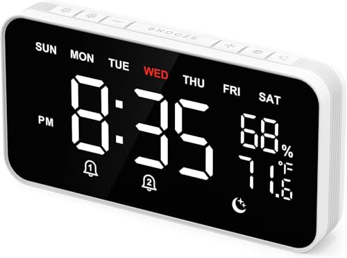 Dekala LED Digitaler Wecker mit Doppelalarmen, Temperatur- & Feuchtigkeitssensor, Nachttischfunktion mit Snooze, 12/24h-Format, Großem Automatisch Dimmbarem Display und Digital Uhr Netzbetrieben von Dekala