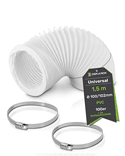DEKAROX 1,5m PVC Abluftschlauch Ø100/102mm Flexschlauch Abluftrohr mit 2 Schellen Güte W4 Ø90-110mm Lüftungsschlauch für 100er Abluftsysteme Ablufttrockner Waschtrockner Klimaanlage Dunstabzugsaube von Dekarox