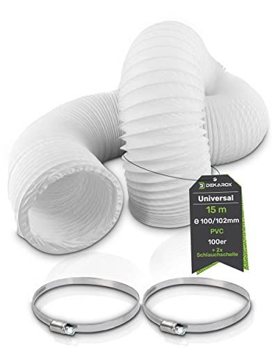 DEKAROX 15m PVC Abluftschlauch Ø100/102mm Flexschlauch Abluftrohr mit 2 Schellen Güte W4 Ø90-110mm Lüftungsschlauch für 100er Abluftsysteme wie Ablufttrockner Waschtrockner Klimaanlage Dunstabzugsaube von Dekarox