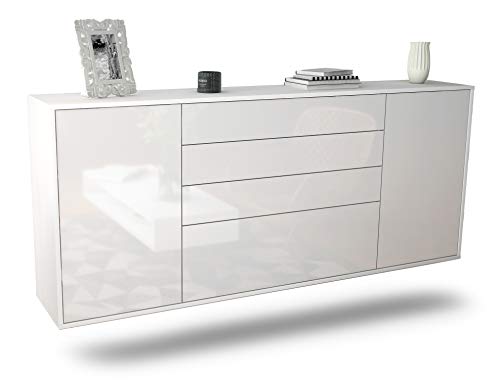 Dekati Sideboard Alexandria hängend (180x77x35cm) Korpus Weiss matt - Front Hochglanz Weiß - Push to Open - Leichtlaufschienen von Dekati