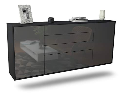 Dekati Sideboard Alexandria hängend (180x77x35cm) Korpus anthrazit matt - Front Hochglanz Grau - Push to Open - Leichtlaufschienen von Dekati