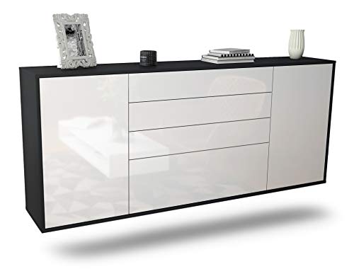 Dekati Sideboard Alexandria hängend (180x77x35cm) Korpus anthrazit matt - Front Hochglanz Weiß - Push to Open - Leichtlaufschienen von Dekati