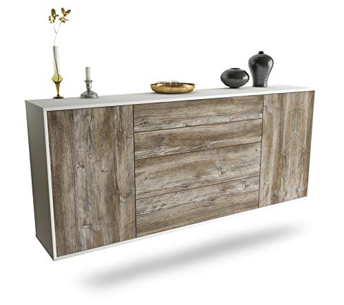 Dekati Sideboard Bridgeport hängend (180x77x35cm) Korpus Weiss matt - Front Holz-Design Treibholz - Push to Open - Leichtlaufschienen von Dekati