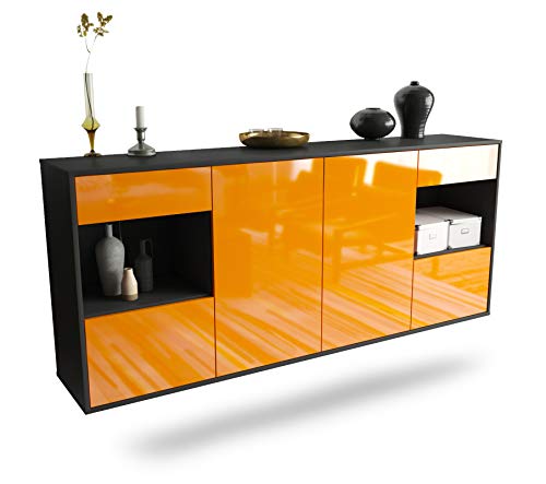 Dekati Sideboard Charleston hängend (180x77x35cm) Korpus anthrazit matt - Front Hochglanz Orange - Push to Open - Leichtlaufschienen von Dekati