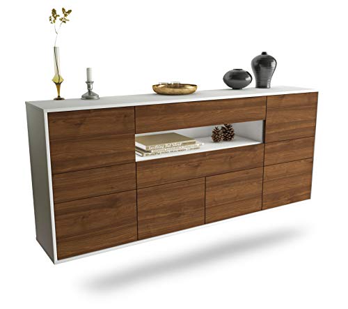 Dekati Sideboard Coral Springs hängend (180x77x35cm) Korpus Weiss matt - Front Holz-Design Walnuss - Push to Open - Leichtlaufschienen von Dekati