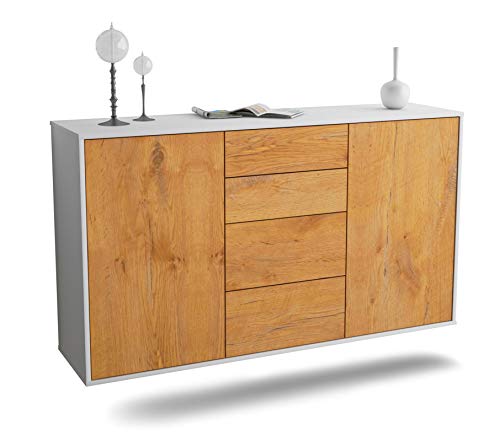 Dekati Sideboard Corona hängend (136x77x35cm) Korpus Weiss matt - Front Holz-Design Eiche - Push to Open - Leichtlaufschienen von Dekati