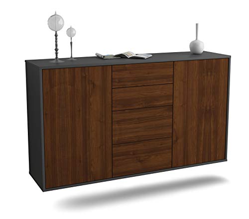 Dekati Sideboard Corona hängend (136x77x35cm) Korpus anthrazit matt - Front Holz-Design Walnuss - Push to Open - Leichtlaufschienen von Dekati