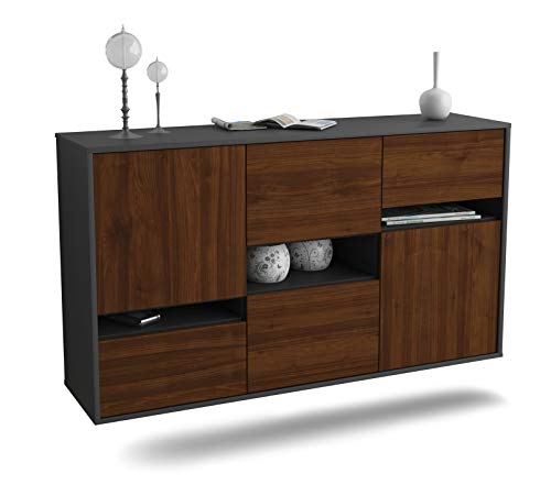 Dekati Sideboard Hayward hängend (136x77x35cm) Korpus anthrazit matt - Front Holz-Design Walnuss - Push to Open - Leichtlaufschienen von Dekati