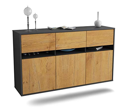 Dekati Sideboard Joliet hängend (136x77x35cm) Korpus anthrazit matt - Front Holz-Design Eiche - Push to Open - Leichtlaufschienen von Dekati