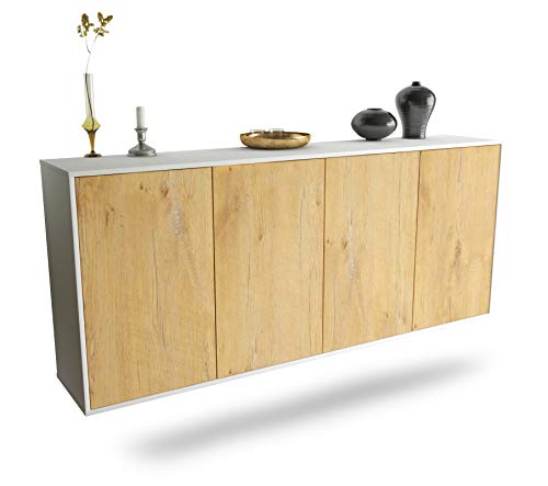 Dekati Sideboard Lakewood hängend (180x77x35cm) Korpus Weiss matt - Front Holz-Design Eiche - Push to Open von Dekati