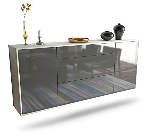 Dekati Sideboard Leipzig hängend (180x77x35cm) Korpus weiß matt - Front Hochglanz Grau - Push to Open - Leichtlaufschienen von Dekati