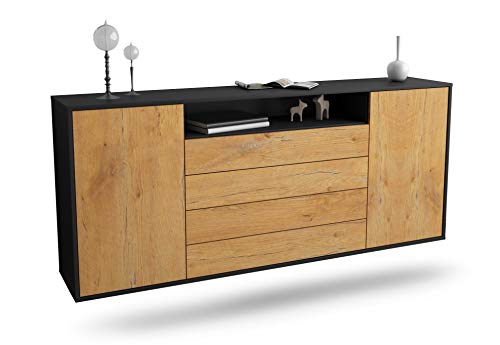 Dekati Sideboard New Haven hängend (180x77x35cm) Korpus anthrazit matt - Front Holz-Design Eiche - Push to Open - Leichtlaufschienen von Dekati