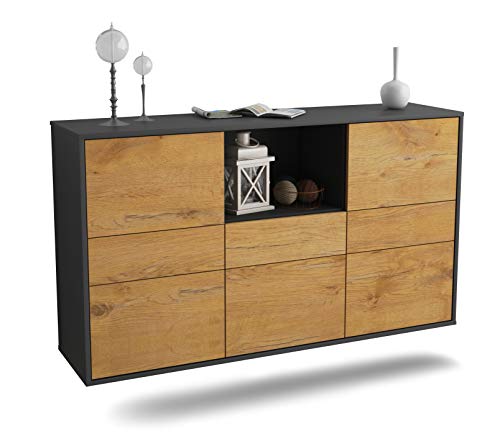 Dekati Sideboard Pomona hängend (136x77x35cm) Korpus anthrazit matt - Front Holz-Design Eiche - Push to Open - Leichtlaufschienen von Dekati