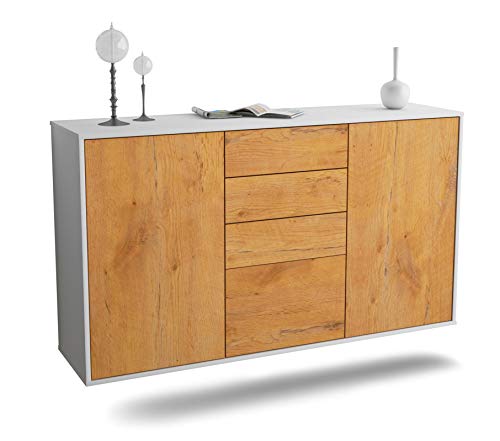 Dekati Sideboard Sioux Falls hängend (136x77x35cm) Korpus Weiss matt - Front Holz-Design Eiche - Push to Open - Leichtlaufschienen von Dekati