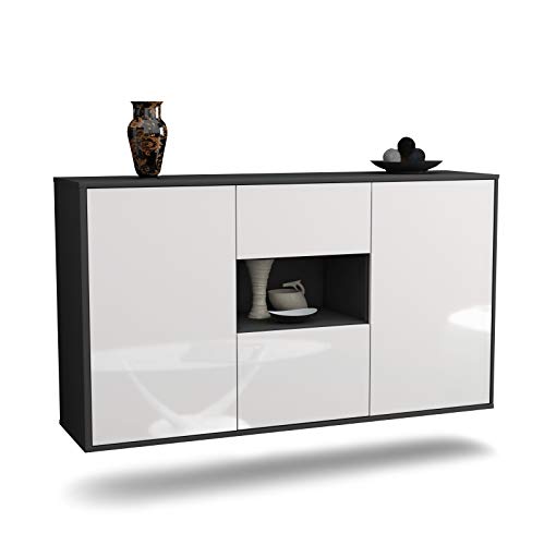 Dekati Sideboard Tallahassee hängend (136x77x35cm) Korpus anthrazit matt - Front Hochglanz Weiß - Push to Open - Leichtlaufschienen von Dekati