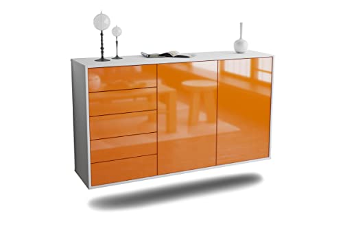 Kommode Sideboard hängend - Saarbrücken - Korpus Weiss matt - Front Hochglanz Design Orange- (136x77x35cm) - Push to Open Technik & hochwertigen Leichtlaufschienen - Made in Germany von Dekati