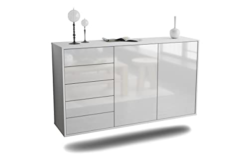 Kommode Sideboard hängend - Saarbrücken - Korpus Weiss matt - Front Hochglanz Design Weiß- (136x77x35cm) - Push to Open Technik & hochwertigen Leichtlaufschienen - Made in Germany von Dekati