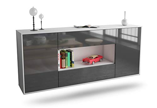 Sideboard Denton hängend (180x77x35cm) Korpus Weiss matt - Front Hochglanz Grau - Push to Open - Leichtlaufschienen von Dekati