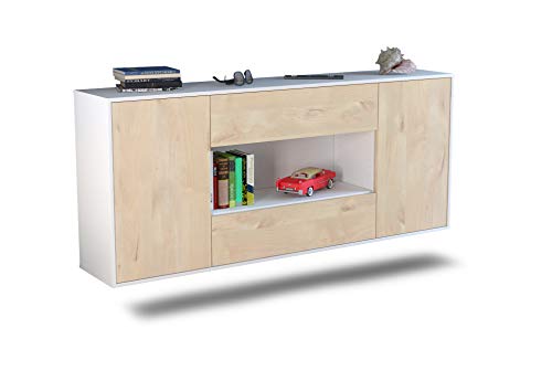 Sideboard Denton hängend (180x77x35cm) Korpus Weiss matt - Front Holz-Design Zeder - Push to Open - Leichtlaufschienen von Dekati