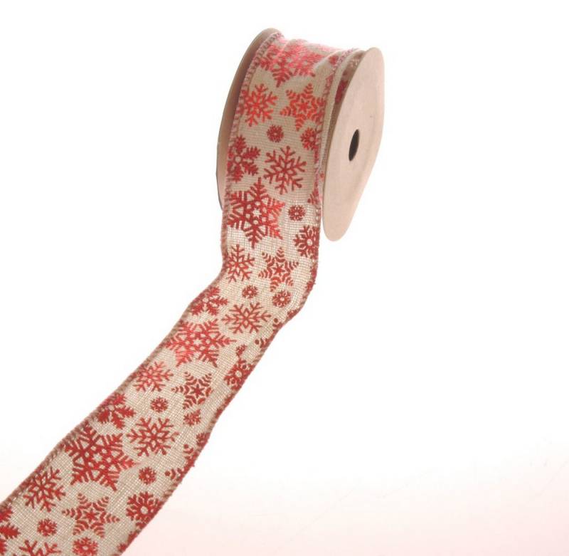 Deko AS Dekoband Baumwollband mit Schneeflocken natur-rot 40mm 10 Meter 77110-40-10 von Deko AS