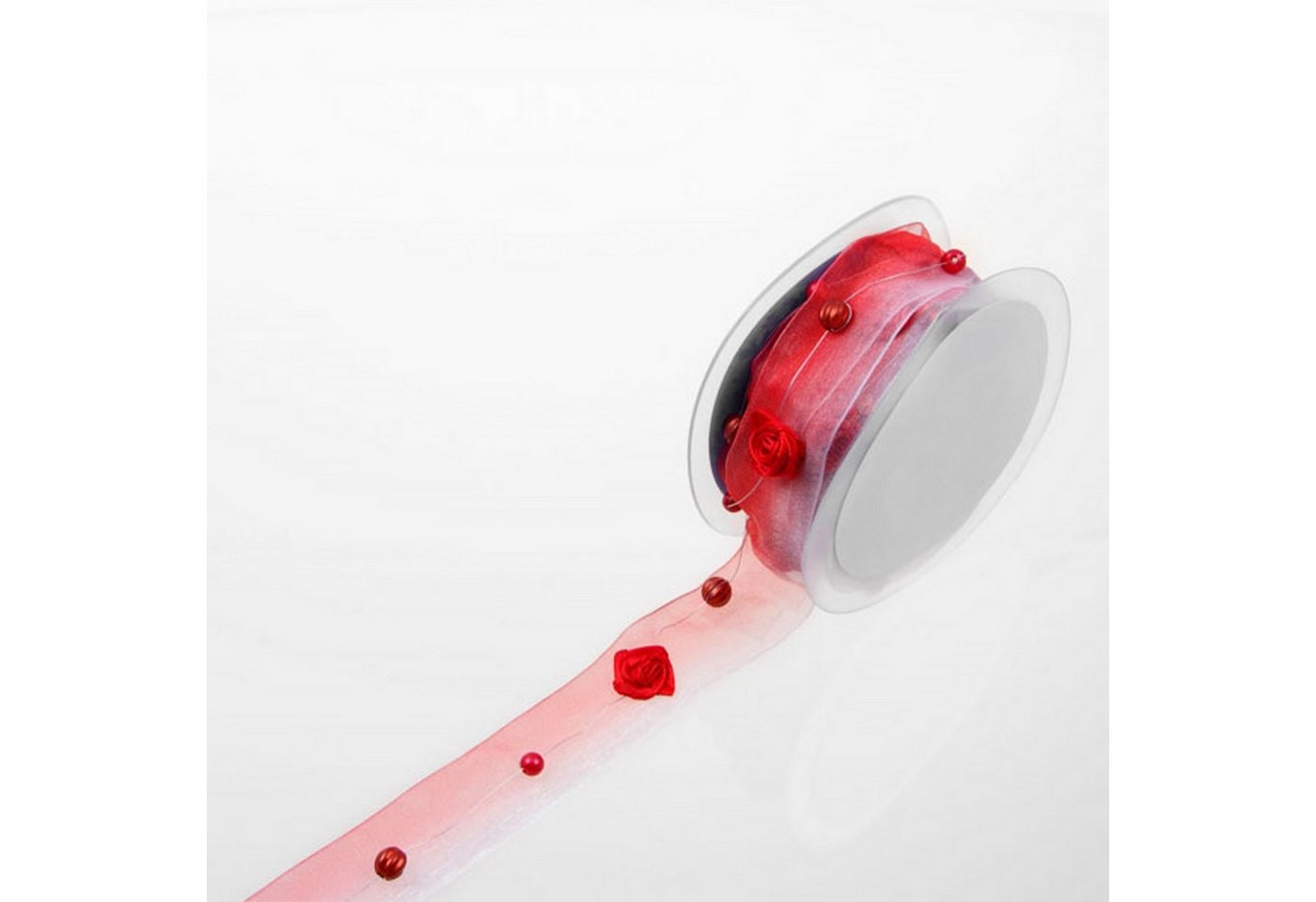 Deko AS Kordel Dekoband Rot-Weiß mit Satinrosen und Perlen - 25 mm - 1 VE = 2 Rollen, mit Satinrosen + Perlen von Deko AS