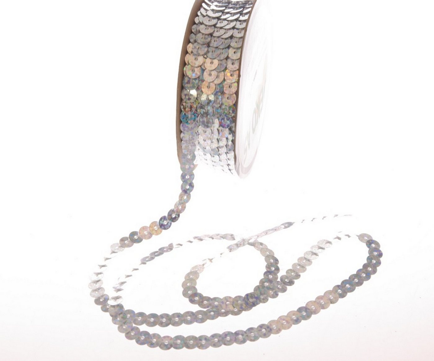 Deko AS Dekoband Paillettenschnur - 4mm - col. 03 silber - 1 VE = 5 Rollen á 10m, Pailletten auf Schnur von Deko AS