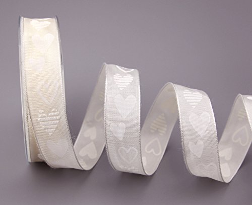 Dekoband Valentin Creme/Ivory 20 m x 25 mm Geschenkband Stoffband mit Draht Taftband Bedruckt Herzen Liebe Valentinstag Geburtstag Drahtkantenband Schleifenband von FINEMARK von Deko Angels