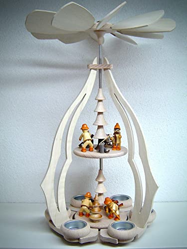 Deko-Geschenke-Shop Teelicht Pyramide mit 4 Figuren Winterkinder Waldarbeiter 2 stöckige 45 cm 50071 von Deko-Geschenke-Shop