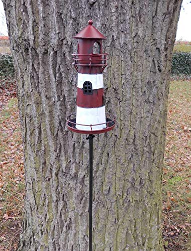 Leuchtturm am Gartenstab Gartenstecker Windlicht Eisen rot-weiß lackiert 135 cm von Deko-Impresion