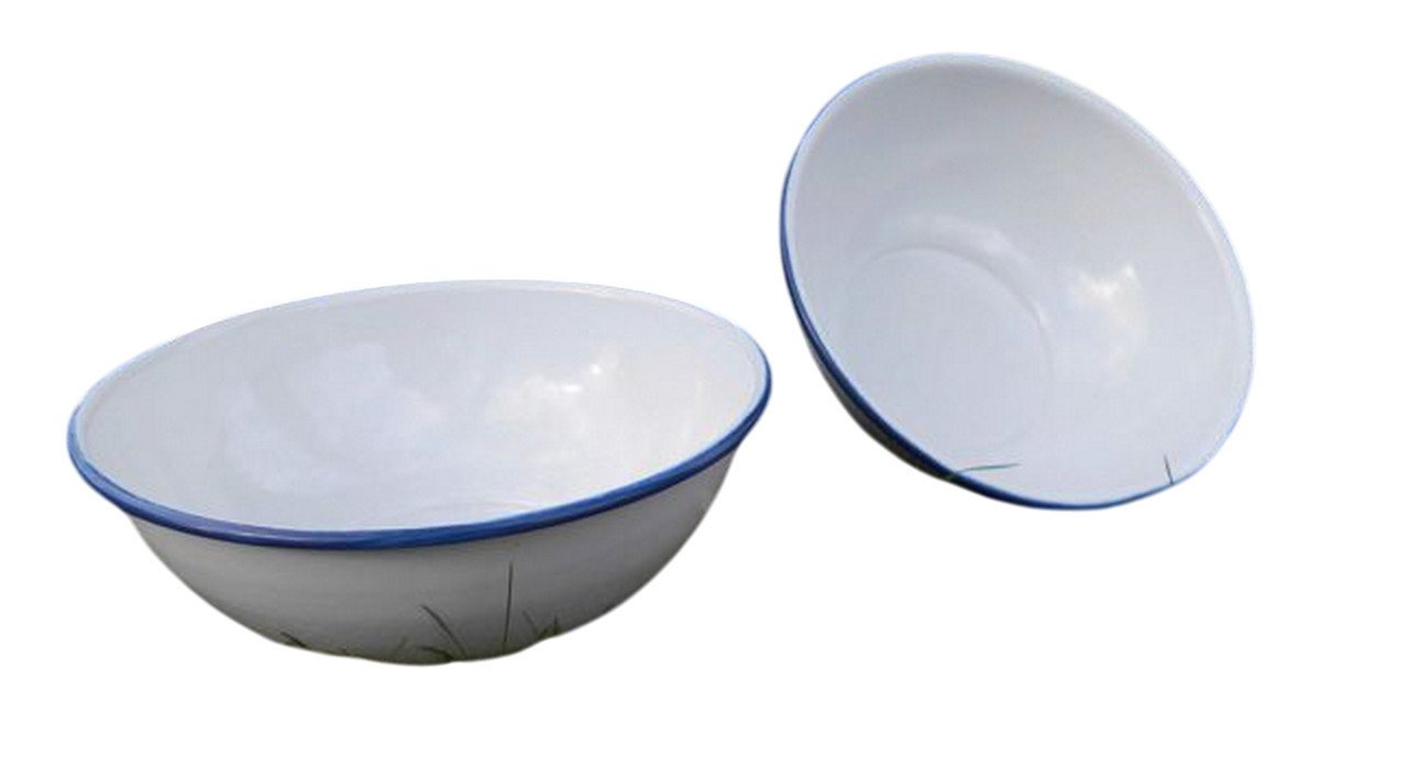 Deko-Impression Dekoschale Zwei stabile Eisenschalen Eisenschüsseln weiß lackiert Rand blau 21 cm (2 St) von Deko-Impression
