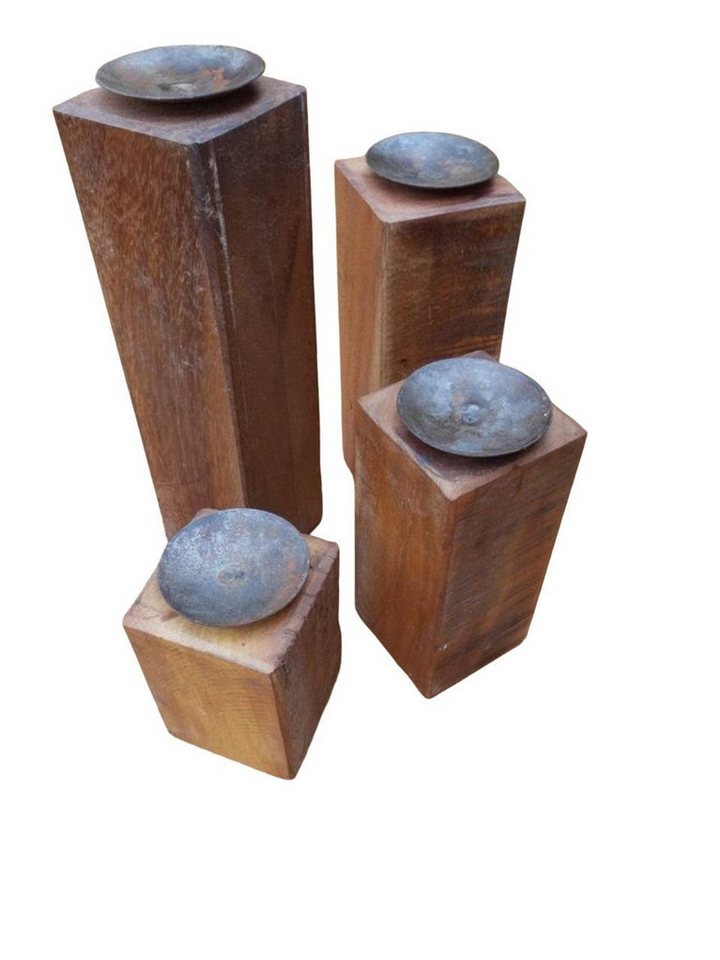 Deko-Impression Kerzenständer Stilvolle Kerzenständer Set 4 Stück Holz + Eisen massiv Natur (4 St) von Deko-Impression