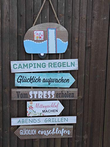 Dekoratives Schild Campingregeln Holz/MDF an Kordel Geschenk 75 cm von Deko-Impression