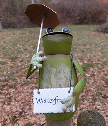 Deko-Impression Zaunfigur Zaunhocker Frosch mit Schirm u. Schild Wetterfrosch Gartendeko Eisen von Deko-Impression