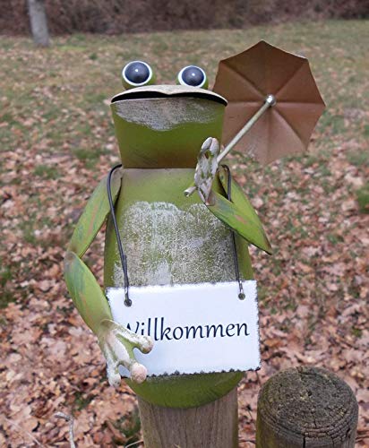 Deko-Impression Zaunfigur Zaunhocker Frosch mit Schirm u. Schild Willkommen Gartendeko Eisen von Deko-Impression