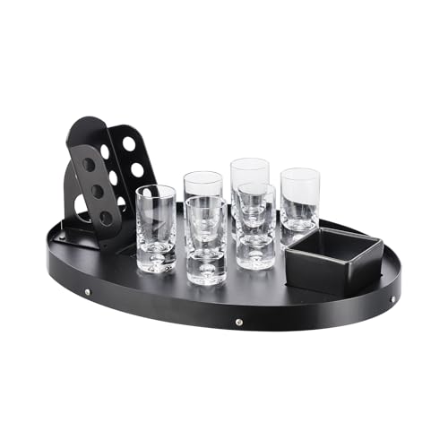 Deko-Invest Servier-Set 6 Shot-Gläser ⌀ 3,5cm x 7,5cm ovale Metallbasis 35,5cm x 25,5cm mit Flaschenhalter Snackschale ideal für Haus Restaurant und Bar stilvolles Geschenk für Männer von Deko-Invest