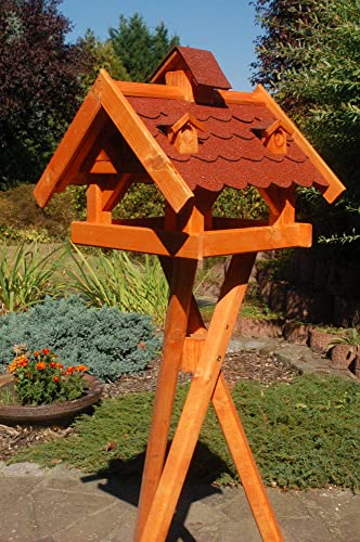 Deko-Shop-Hannusch Futterhaus/Vogelhaus mit Bitumenschindeln und Gauben versch. Dachfarben V19, Variante:V19 bitum rot mit Ständer von Deko-Shop-Hannusch