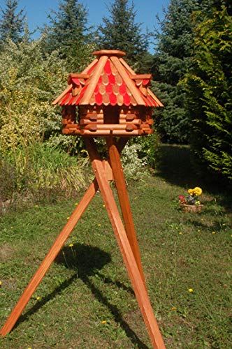 Deko-Shop-Hannusch Futterhaus/Vogelhaus mit Holzschindeln und Gauben Verschiedene Dachfarben mit Solarbeleuchtung und Vogelhausständer, V13, Farbe:braun-rot mit Solar und Ständer von Deko-Shop-Hannusch