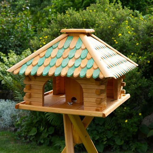 Deko-Shop-Hannusch Vogelhaus wahlweise mit Ständer und Solarbeleuchtung, Verschiedene Dachfarben (Vogelhaus mit Solar, Dach Holzschindeln grün/braun) von Deko-Shop-Hannusch