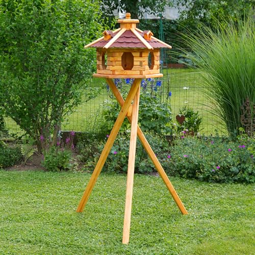 Deko-Shop-Hannusch Vogelhaus wahlweise mit Ständer und Solarbeleuchtung, Verschiedene Größen L - XXL, Futtersilo, wetterfestes Bitumendach (Größe Standard L mit Ständer, rot) von Deko-Shop-Hannusch