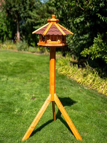 Deko-Shop-Hannusch Vogelhaus wahlweise mit Ständer und Solarbeleuchtung, Verschiedene Größen L - XXL, Futtersilo, wetterfestes Bitumendach (Größe M mit Ständer und Solar, rot) von Deko-Shop-Hannusch