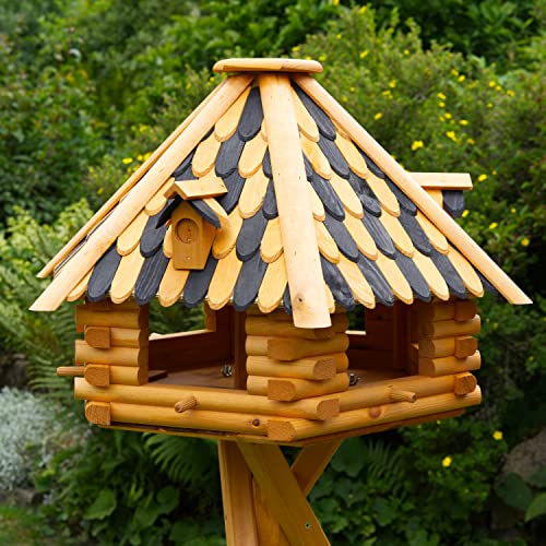 Deko-Shop-Hannusch XXL Luxus Vogelhaus wahlweise mit Solarbeleuchtung, Vogelfutterhaus aus Holz, V13 wahlweise mit Ständer, mit Futtersilo, Silo (XXL, schwarz/braun Holzschindeln) von Deko-Shop-Hannusch