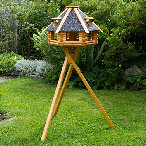 Deko-Shop-Hannusch XXL Luxus Vogelhaus wahlweise mit Solarbeleuchtung, Vogelfutterhaus aus Holz, V13 wahlweise mit Ständer, mit Futtersilo, Silo (XXL mit Ständer und Solar, anthrazit Steindach) von Deko-Shop-Hannusch