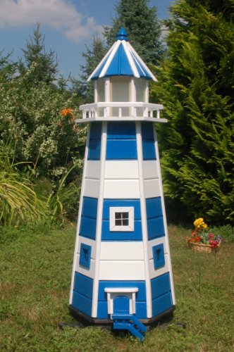 Deko-Shop-Hannusch underschöner großer XXL Leuchtturm aus Holz mit LED Solar Beleuchtung 1,40 m, blau/Weiss von Deko-Shop-Hannusch