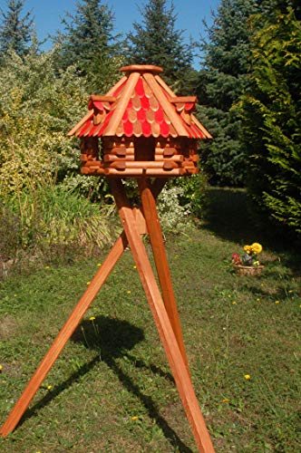 Futterhaus/Vogelhaus mit braun - roten Holzschindeln und Gauben mit Vogelhausständer, V13r m. St. von Deko-Shop-Hannusch