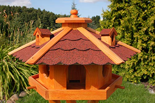 Vogelhaus Futterhaus Futterhäuschen Vogelvilla V12, Vogelfutterhaus aus Holz mit Solarbeleuchtung beleuchtet mit und ohne Ständer (Rot, ohne Ständer), mit Futtersilo,Silo von Deko-Shop-Hannusch