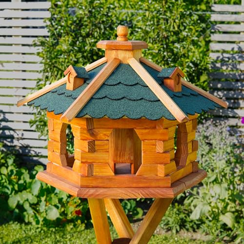 Deko-Shop-Hannusch Vogelhaus wahlweise mit Ständer und Solarbeleuchtung, Verschiedene Größen L - XXL und Dachfarben möglich, Futterhaus mit Futtersilo und wetterfestem Bitumendach, Holz, V16 von Deko-Shop-Hannusch