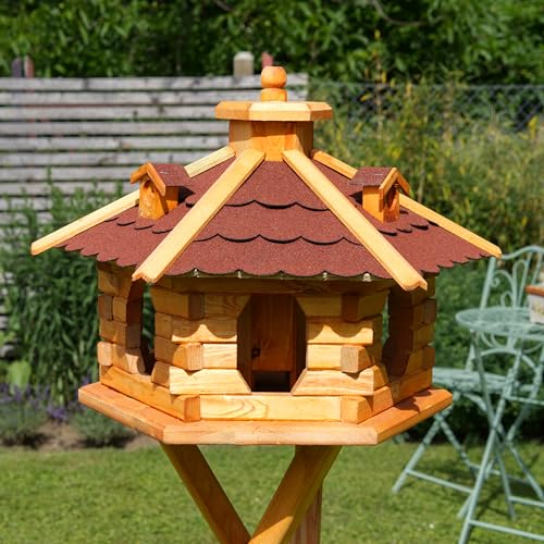 Deko-Shop-Hannusch Vogelhaus wahlweise mit Ständer und Solarbeleuchtung, Verschiedene Größen L - XXL und Dachfarben möglich, Futterhaus mit Futtersilo und wetterfestem Bitumendach, Holz, V16 von Deko-Shop-Hannusch