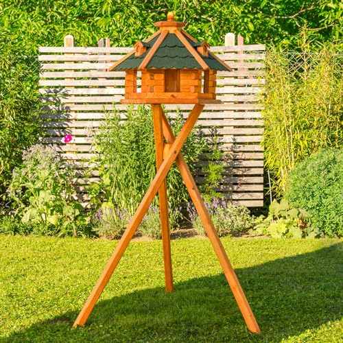 Vogelhaus von klein bis Riesig XXL Futterhaus Futterhäuschen Vogelvilla V18, Vogelfutterhaus aus Holz mit Solarbeleuchtung beleuchtet (Grün, mittel mit Ständer), mit Futtersilo, Silo von Deko-Shop-Hannusch