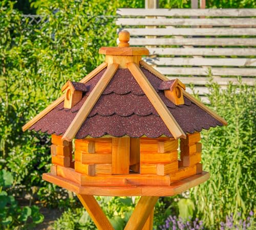 Vogelhaus von klein bis Riesig XXL Futterhaus Futterhäuschen Vogelvilla V18, Vogelfutterhaus aus Holz mit Solarbeleuchtung beleuchtet (Rot, mittel), Vogelfutterhaus mit Futtersilo, Silo von Deko-Shop-Hannusch